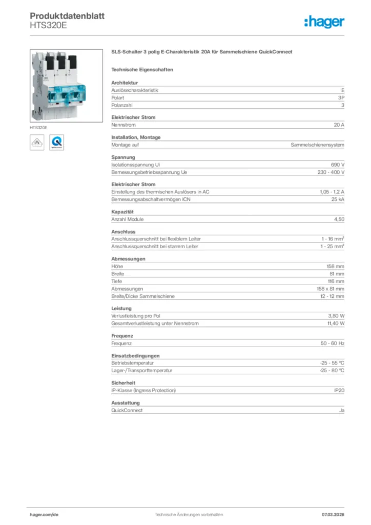 Bild Hager Produktdatenblatt HTS320E | Hager Deutschland