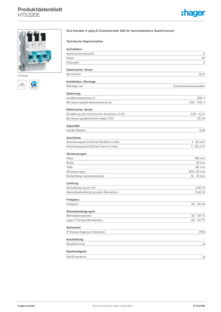 Bild Hager Produktdatenblatt HTS320E | Hager Deutschland