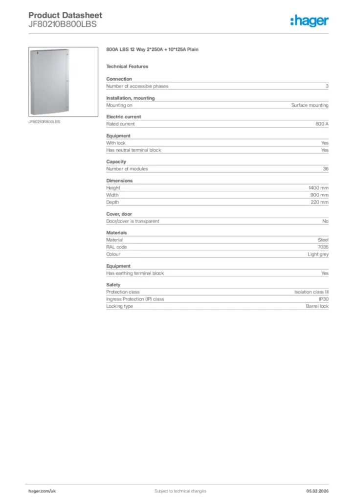 Image Hager Product data sheet JF80210B800LBS  | Hager