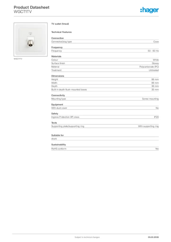 Image Hager Product data sheet WGCT1TV  | Hager Africa