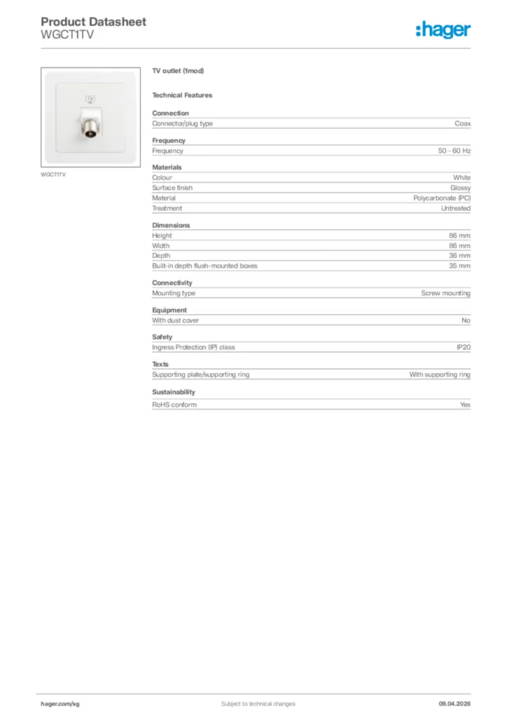 Image Hager Product data sheet WGCT1TV  | Hager