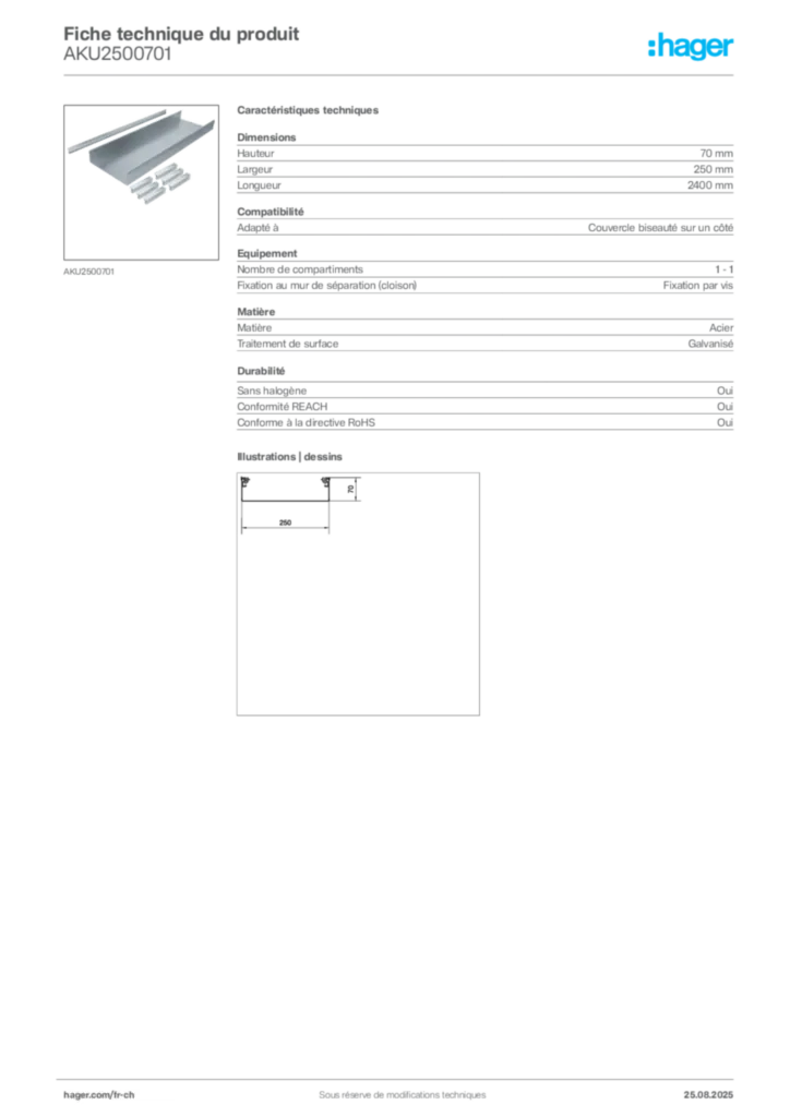 Image Hager Fiche technique du produit AKU2500701 | Hager Suisse