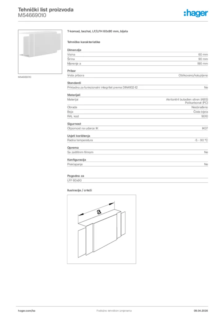 Slika Hager Tehnički list proizvoda M54669010  | Hager