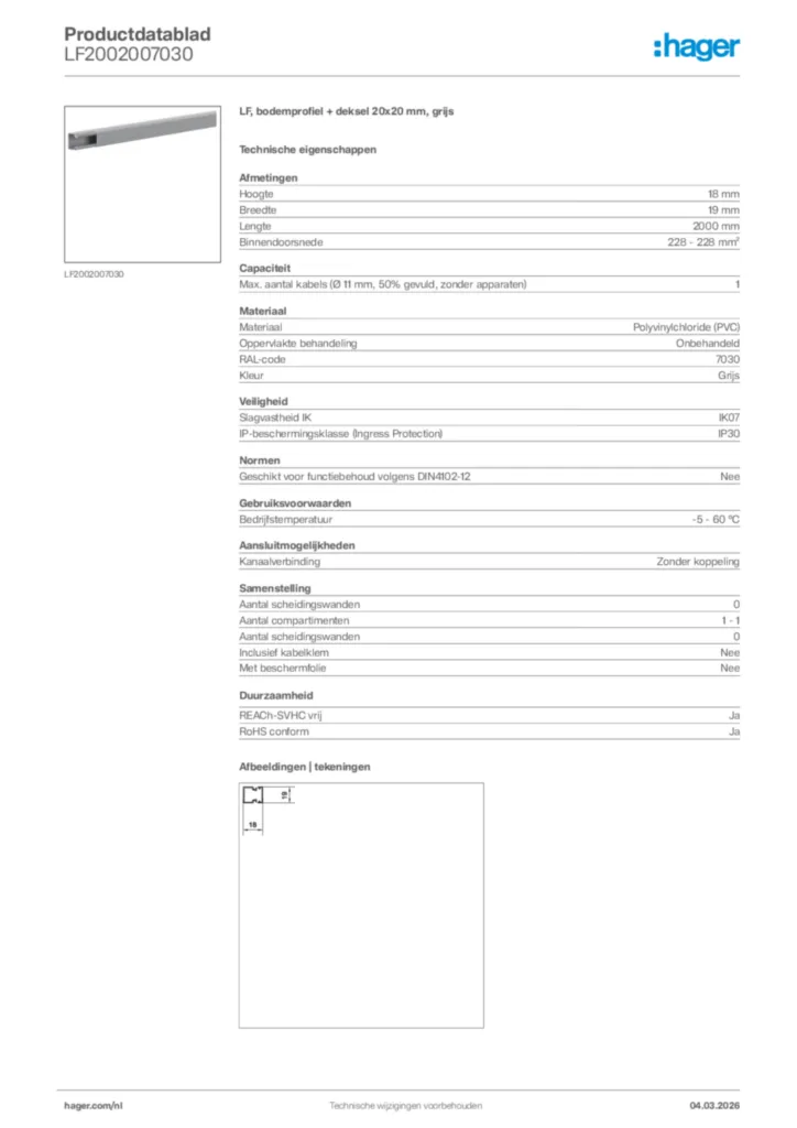 Afbeelding Hager Productdatablad LF2002007030 | Hager Nederland