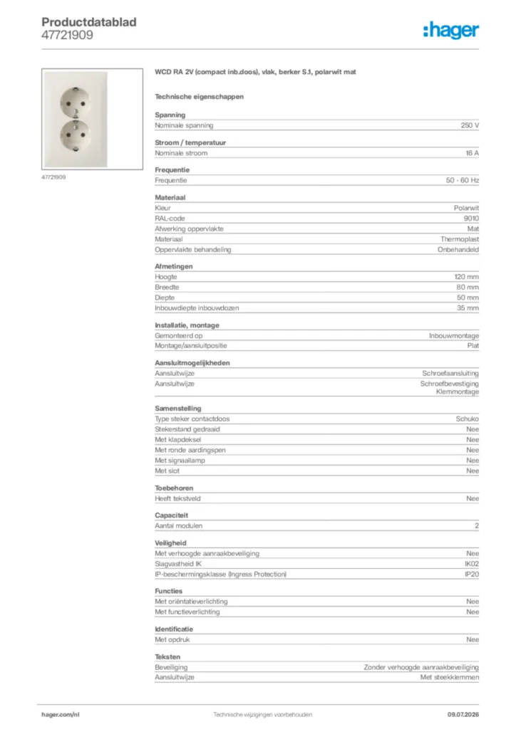 Afbeelding Hager Productdatablad 47721909 | Hager Nederland