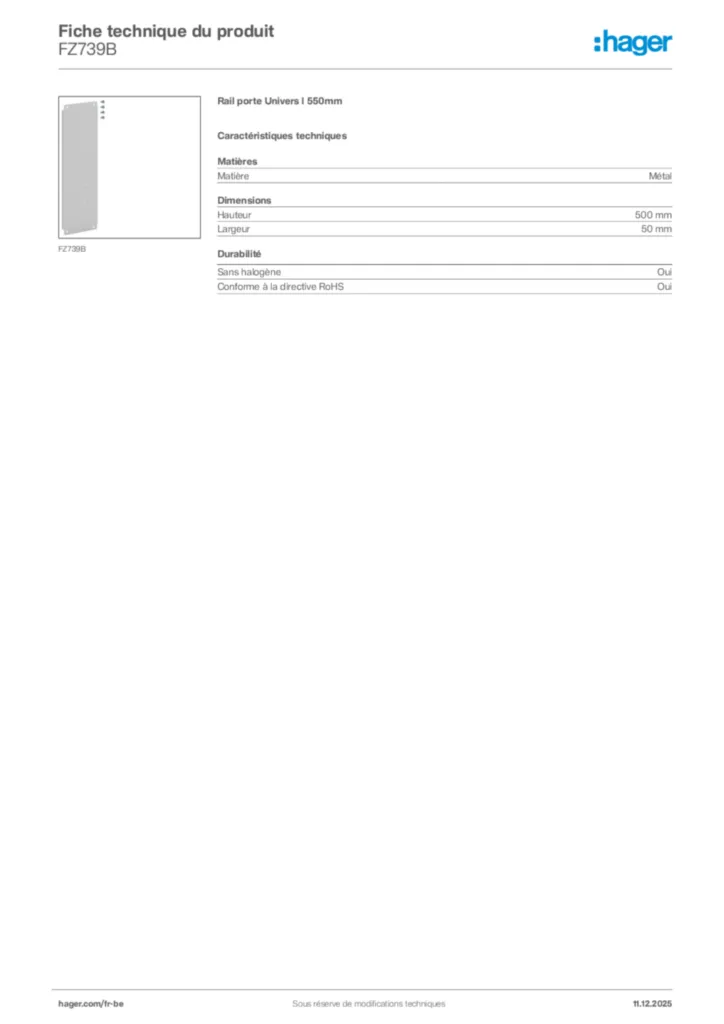 Image Hager Fiche technique du produit FZ739B | Hager Belgique