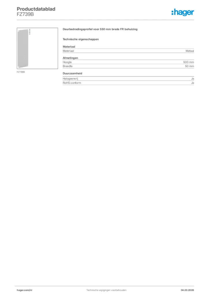 Afbeelding Hager Productdatablad FZ739B | Hager Nederland