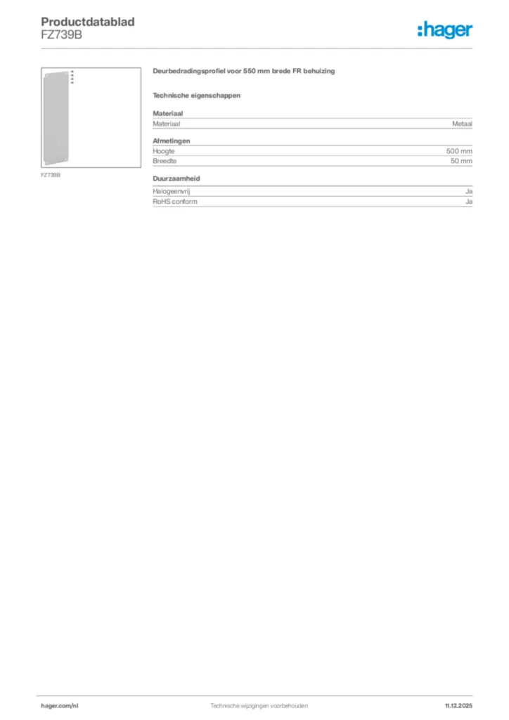 Afbeelding Hager Productdatablad FZ739B | Hager Nederland