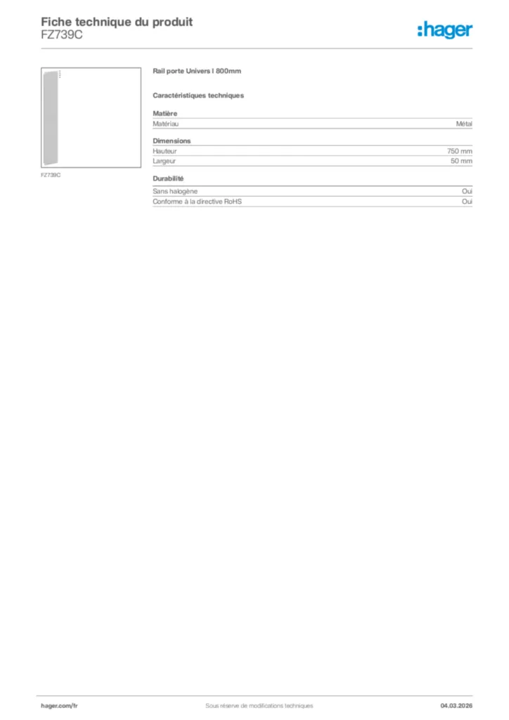 Image Hager Fiche technique du produit FZ739C | Hager France