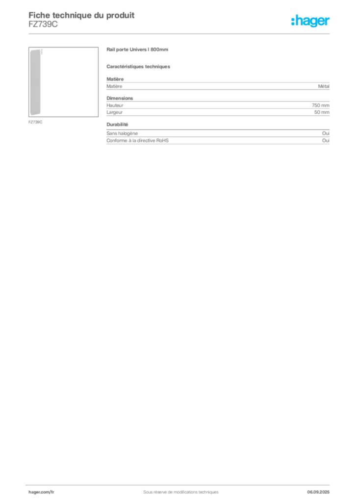 Image Hager Fiche technique du produit FZ739C | Hager France