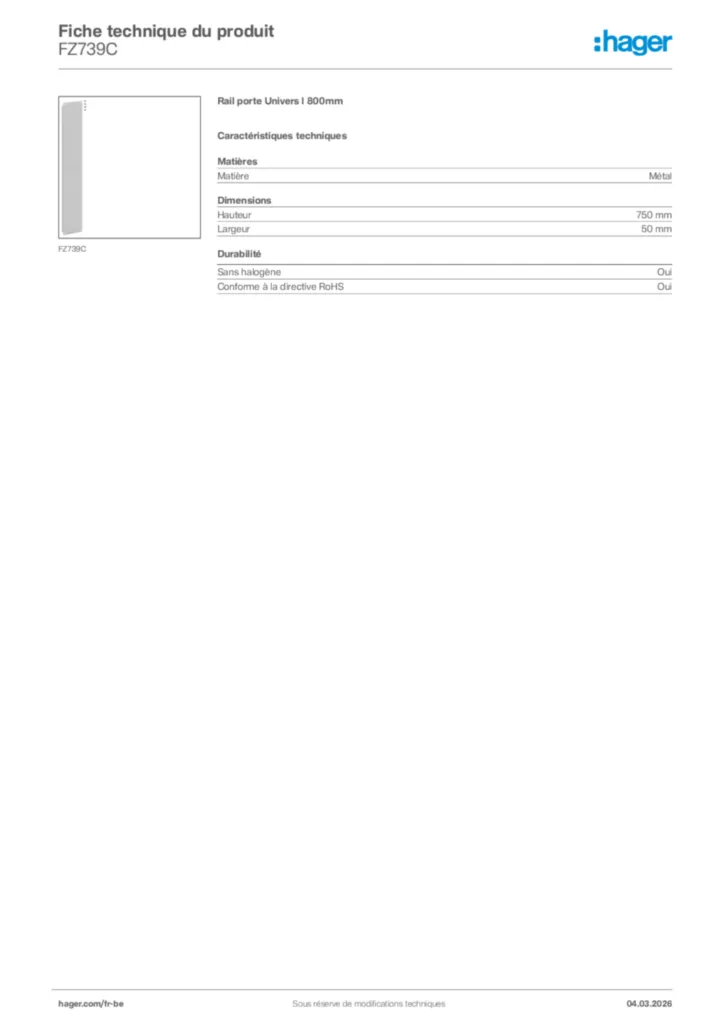 Image Hager Fiche technique du produit FZ739C | Hager Belgique