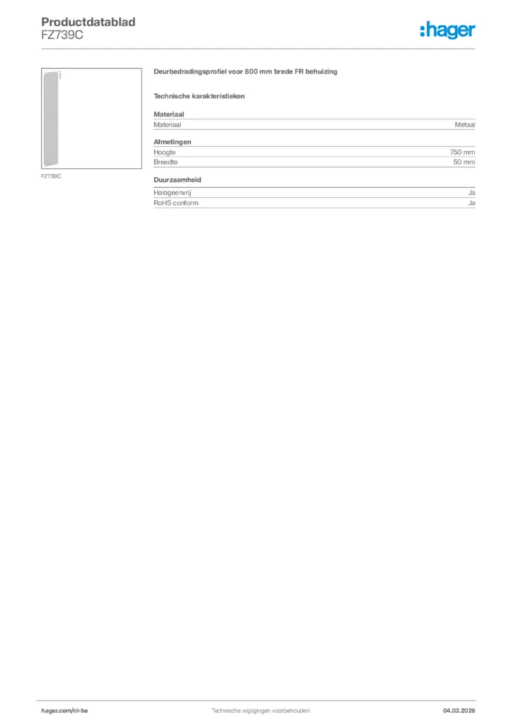 Afbeelding Hager Productdatablad FZ739C | Hager Belgium