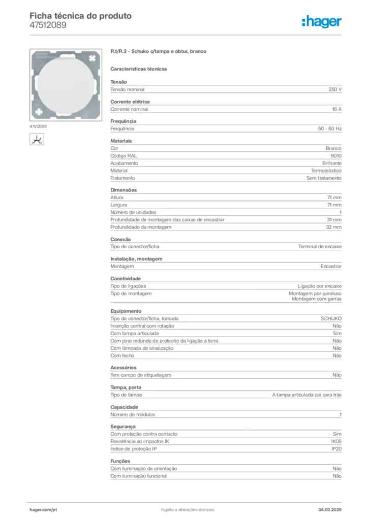 Imagem Hager Ficha técnica do produto 47512089 | Hager Portugal