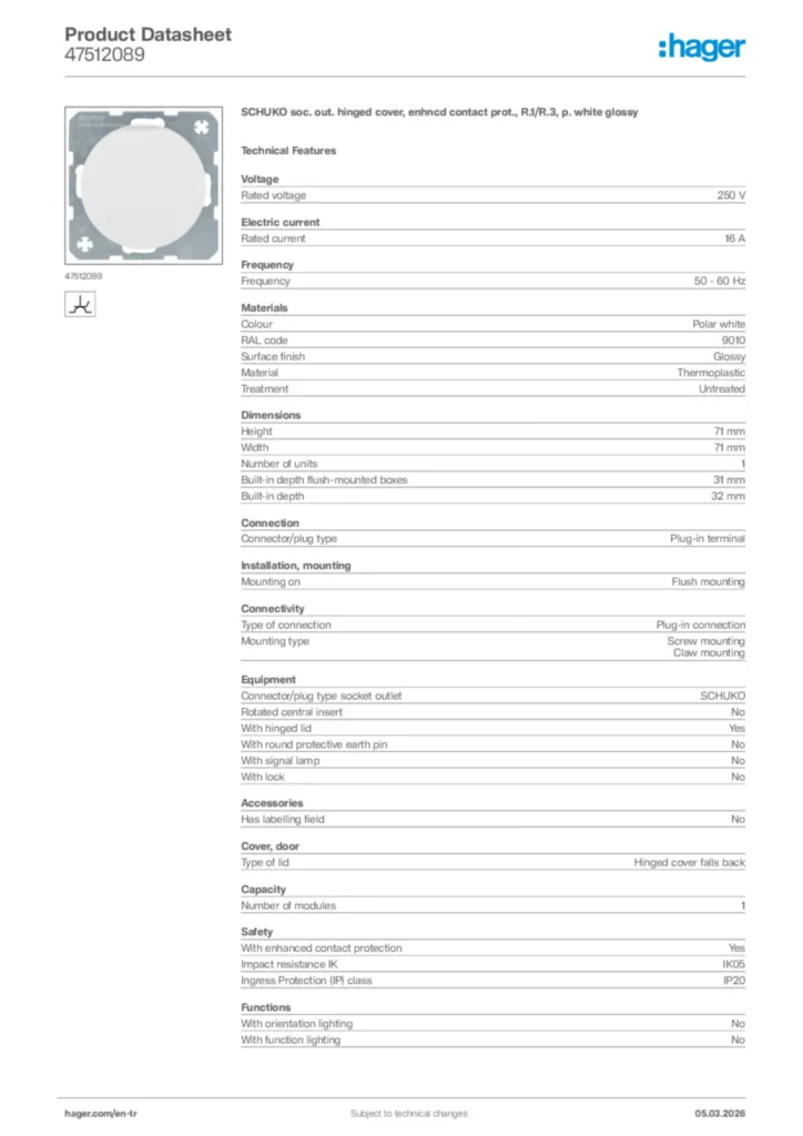 Image Hager Product data sheet 47512089  | Hager