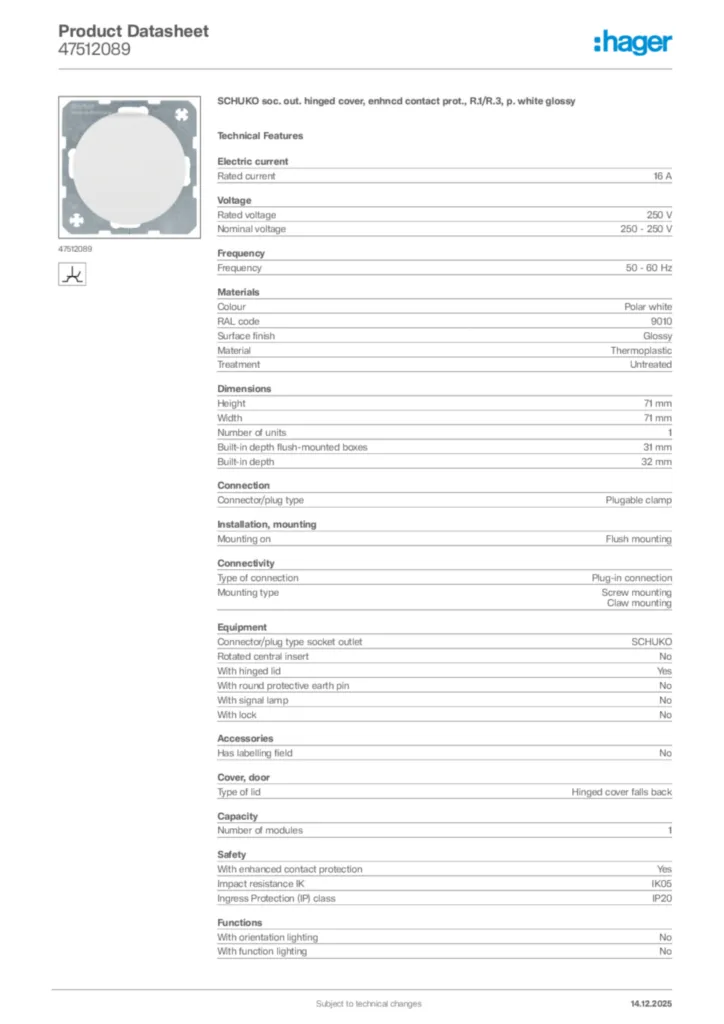 Image Hager Product data sheet 47512089  | Hager