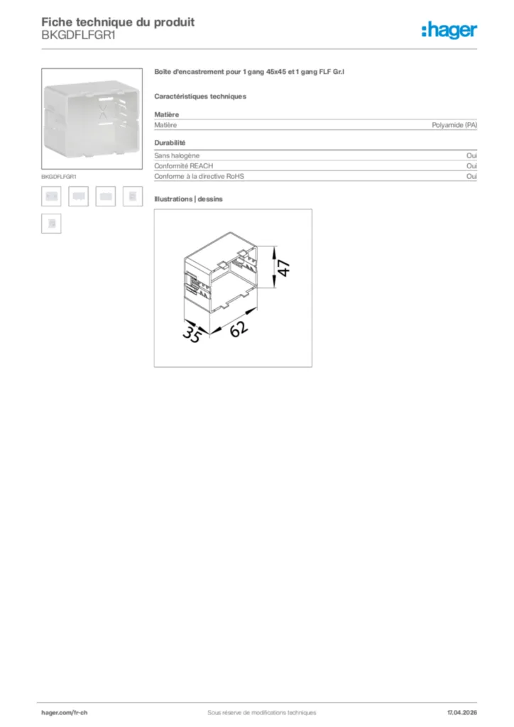 Image Hager Fiche technique du produit BKGDFLFGR1 | Hager Suisse