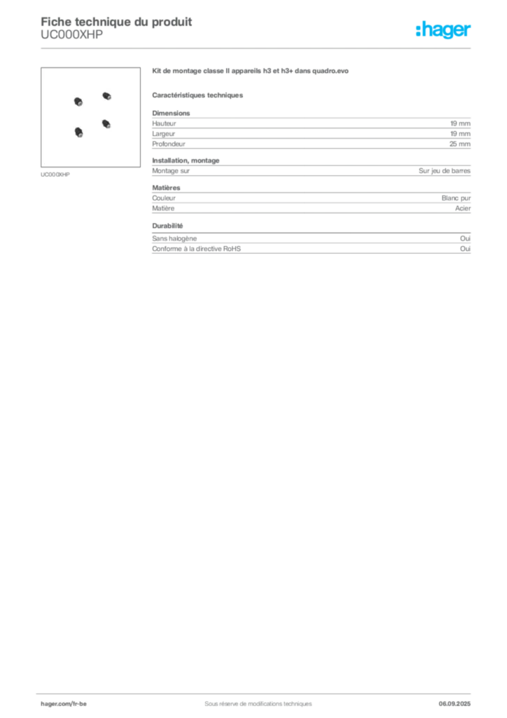 Image Hager Fiche technique du produit UC000XHP | Hager Belgique