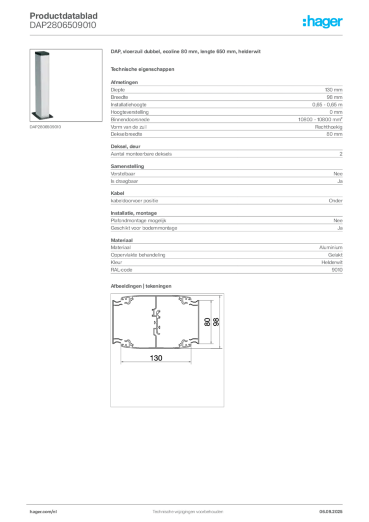 Afbeelding Hager Productdatablad DAP2806509010 | Hager Nederland