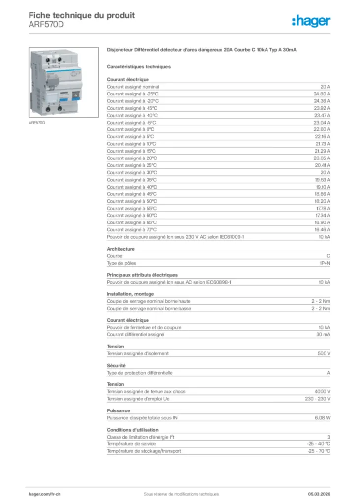 Image Hager Fiche technique du produit ARF570D | Hager Suisse