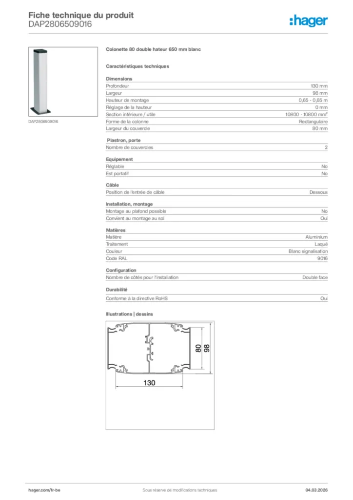 Image Hager Fiche technique du produit DAP2806509016 | Hager Belgique