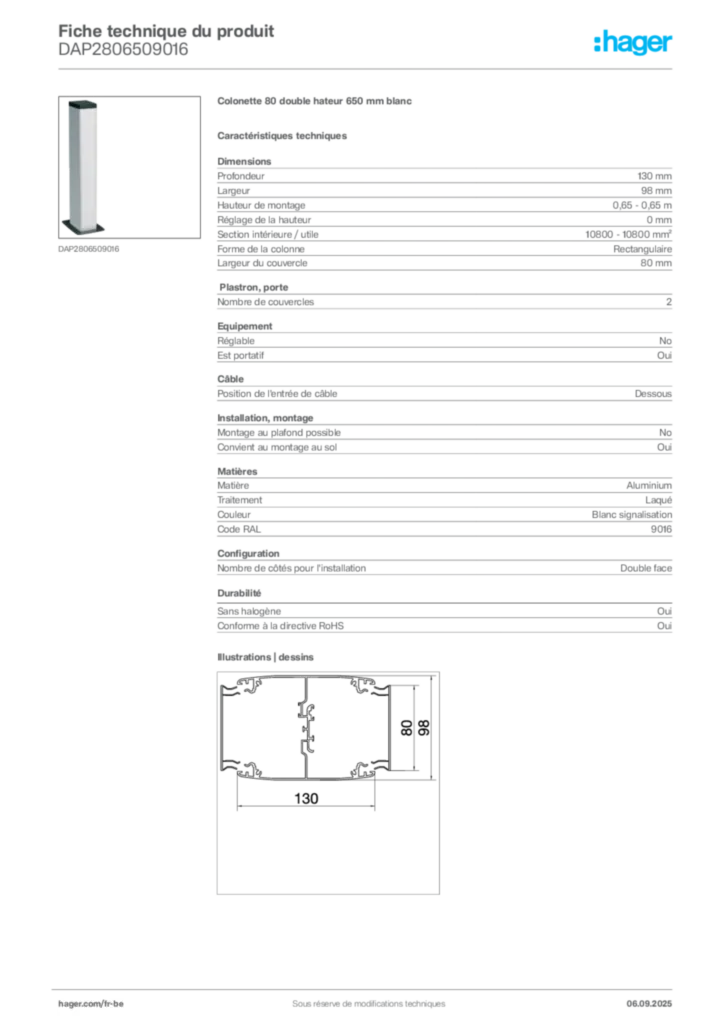 Image Hager Fiche technique du produit DAP2806509016 | Hager Belgique