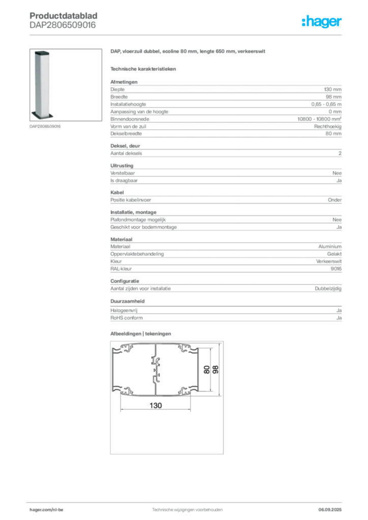 Afbeelding Hager Productdatablad DAP2806509016 | Hager Belgium