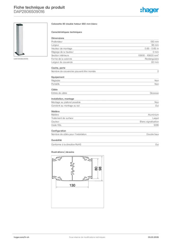 Image Hager Fiche technique du produit DAP2806509016 | Hager Suisse