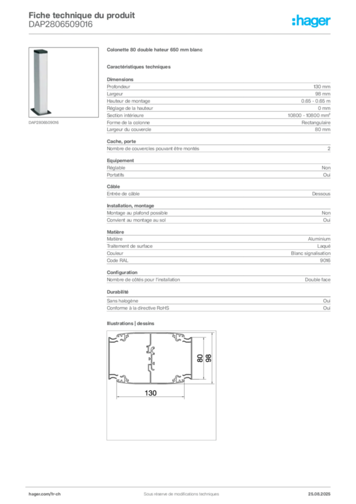 Image Hager Fiche technique du produit DAP2806509016 | Hager Suisse