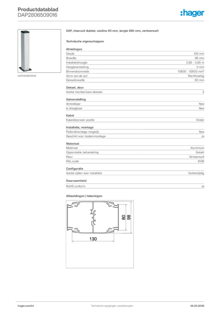 Afbeelding Hager Productdatablad DAP2806509016 | Hager Nederland