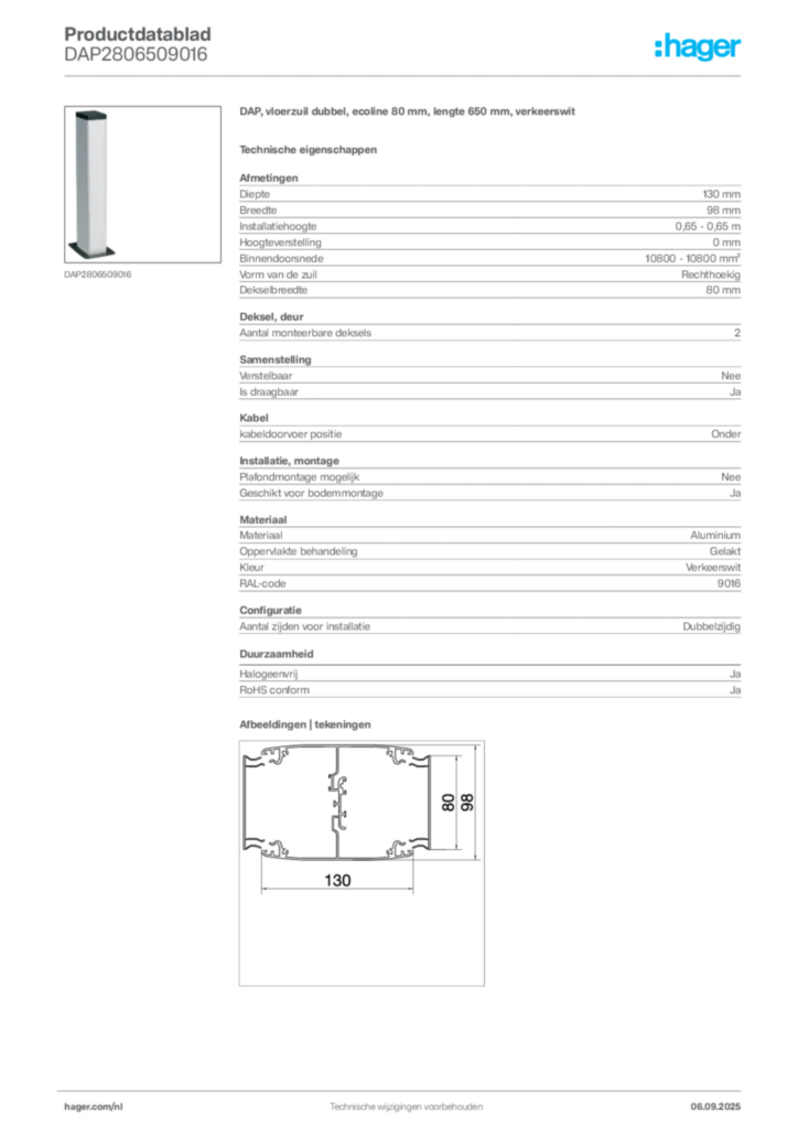 Afbeelding Hager Productdatablad DAP2806509016 | Hager Nederland