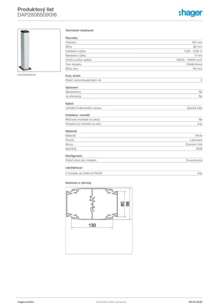 Obrázek Hager Product data sheet DAP2806509016 | Hager