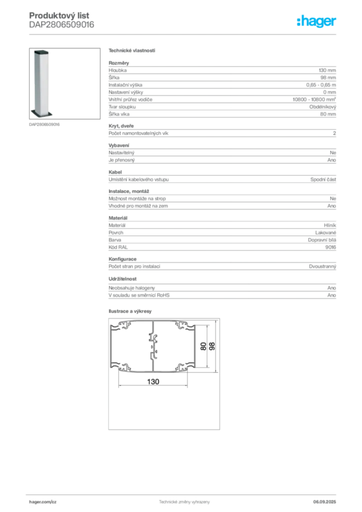 Obrázek Hager Produktový list DAP2806509016 | Hager