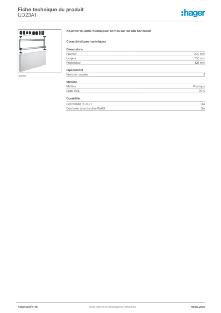 Image Hager Fiche technique du produit UD23A1 | Hager Suisse