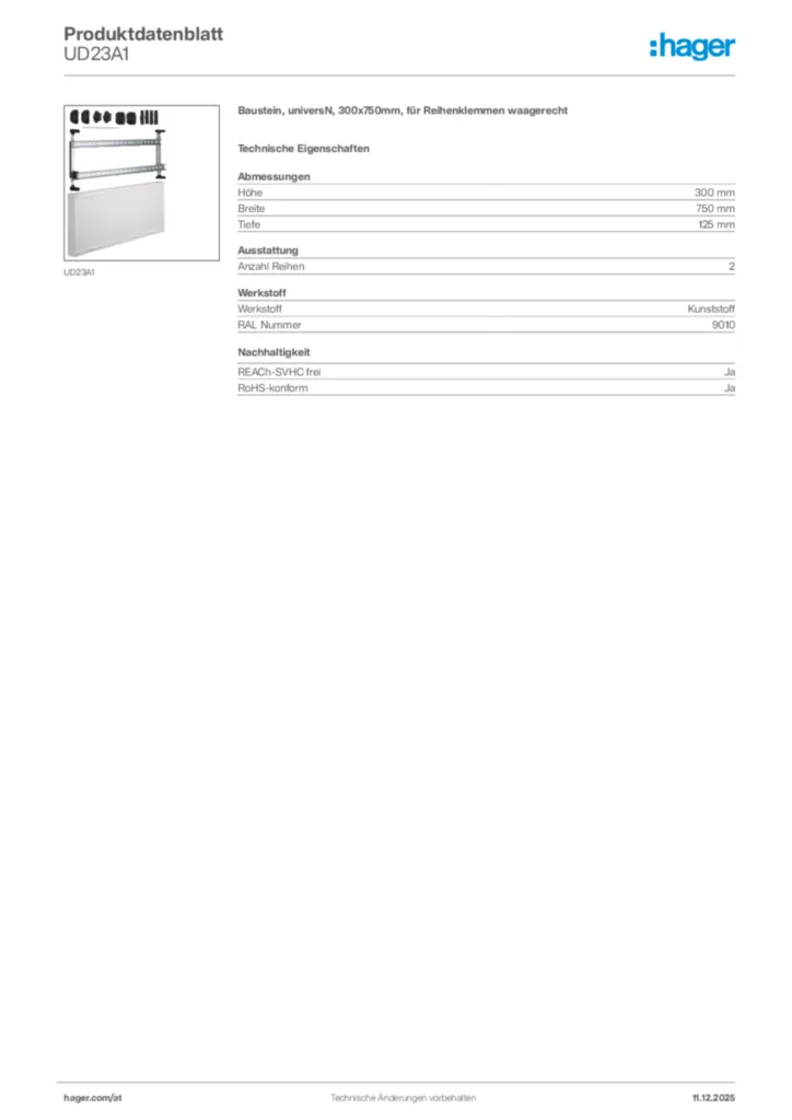 Bild Hager Produktdatenblatt UD23A1 | Hager Deutschland