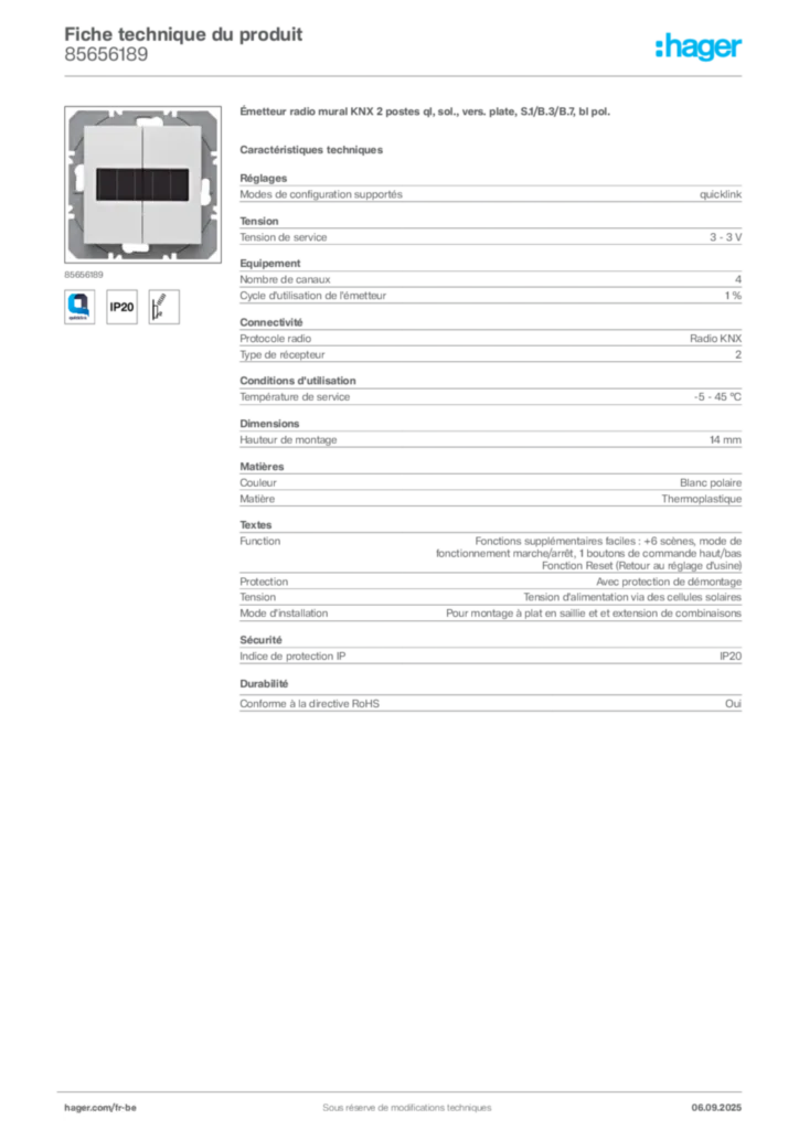 Image Hager Fiche technique du produit 85656189 | Hager Belgique