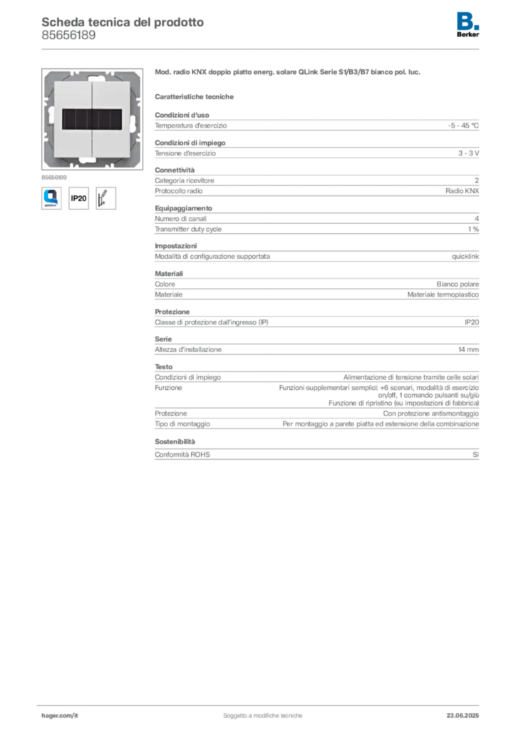 Immagine Berker Scheda tecnica del prodotto 85656189 | Hager Italia