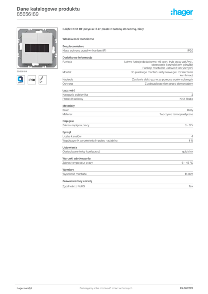 Zdjęcie Hager Dane katalogowe produktu 85656189 | Hager Polska