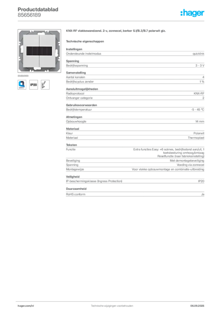 Afbeelding Hager Productdatablad 85656189 | Hager Nederland