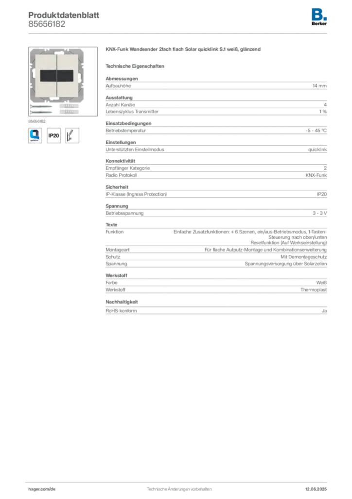 Bild Berker Produktdatenblatt 85656182 | Hager Deutschland