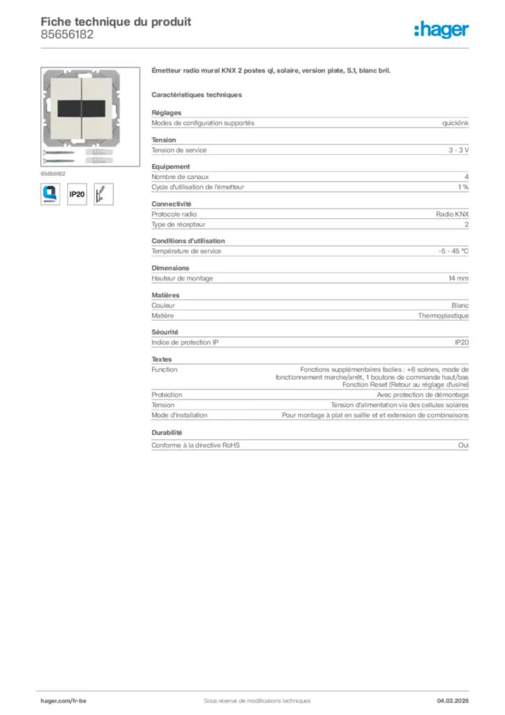 Image Hager Fiche technique du produit 85656182 | Hager Belgique