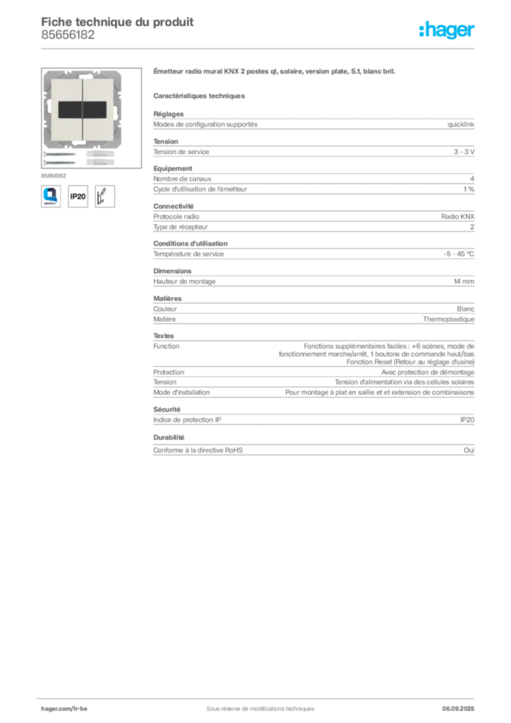 Image Hager Fiche technique du produit 85656182 | Hager Belgique