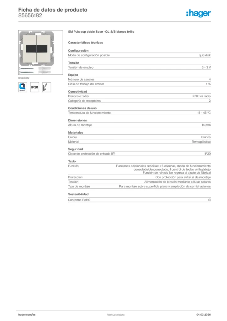 Imagen Hager Ficha de datos de producto 85656182 | Hager España