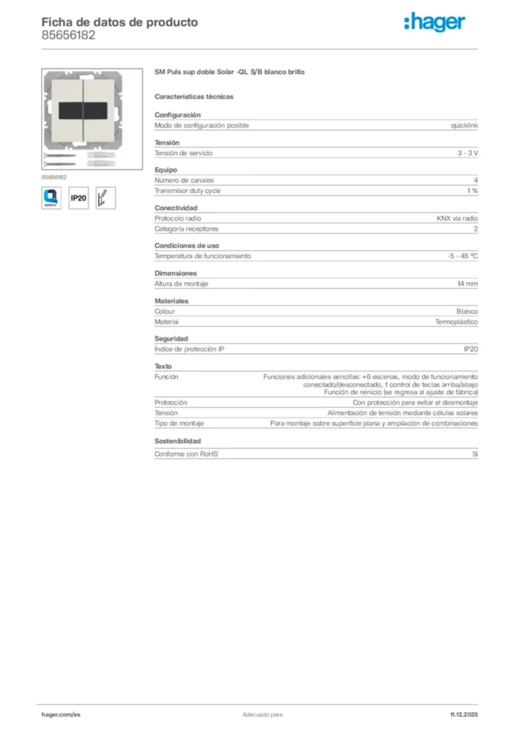 Imagen Hager Ficha de datos de producto 85656182 | Hager España