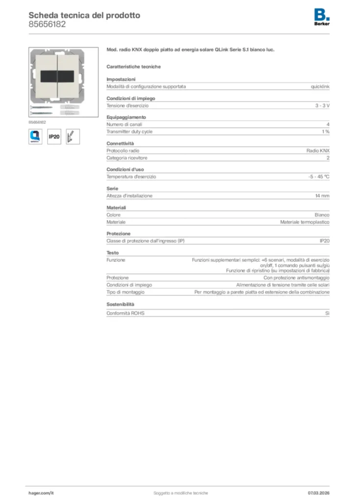 Immagine Berker Scheda tecnica del prodotto 85656182 | Hager Italia