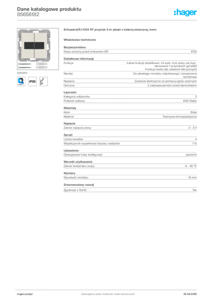 Zdjęcie Hager Dane katalogowe produktu 85656182 | Hager Polska