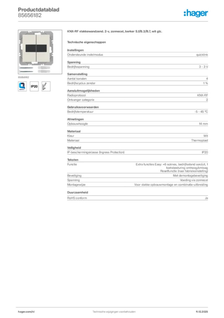 Afbeelding Hager Productdatablad 85656182 | Hager Nederland