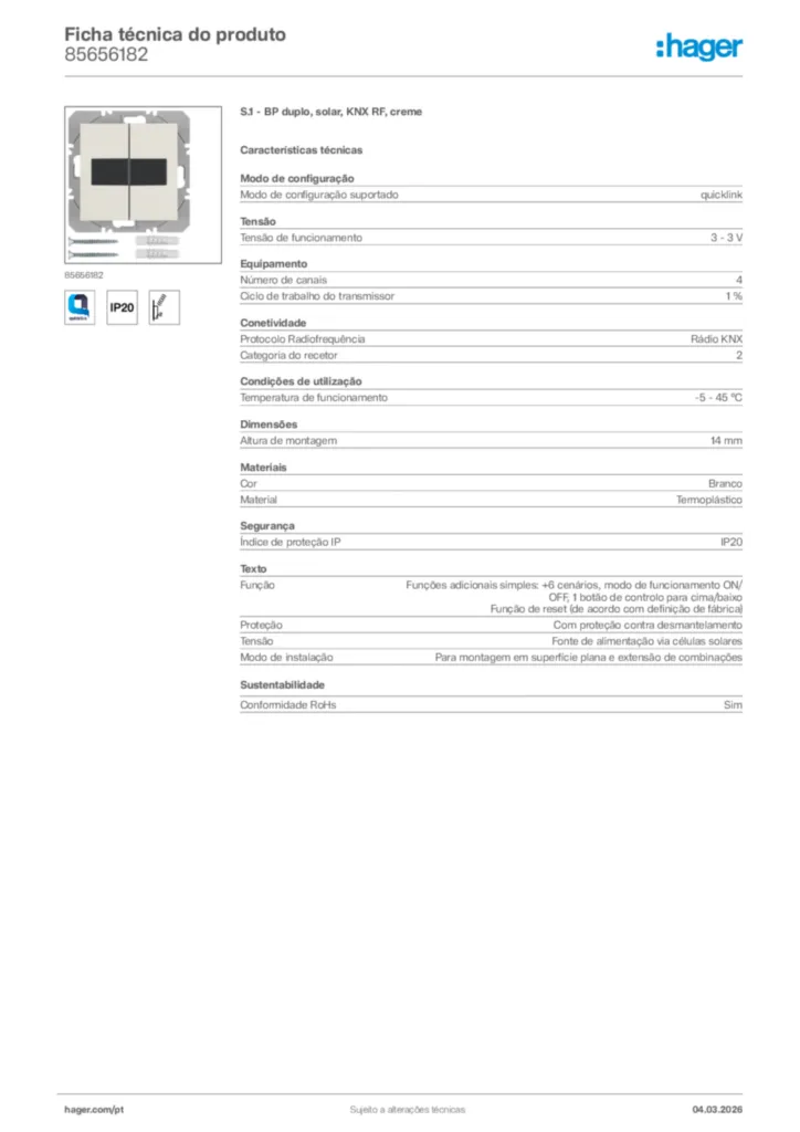 Imagem Hager Ficha técnica do produto 85656182 | Hager Portugal
