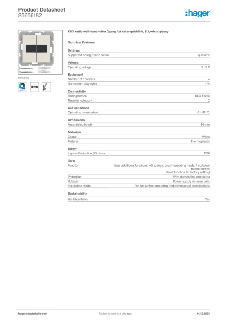 Image Hager Product data sheet 85656182  | Hager