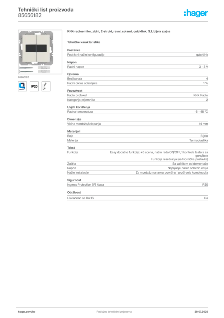 Slika Hager Product data sheet 85656182  | Hager