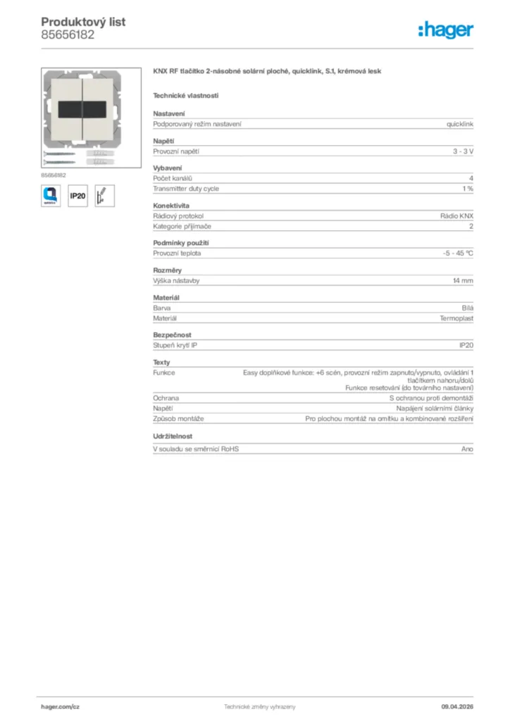 Obrázek Hager Product data sheet 85656182 | Hager